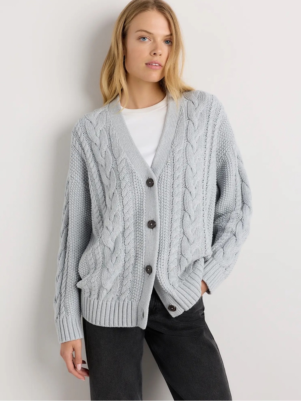 Quince Light Gray Cable Knit Button-Front Cardigan
